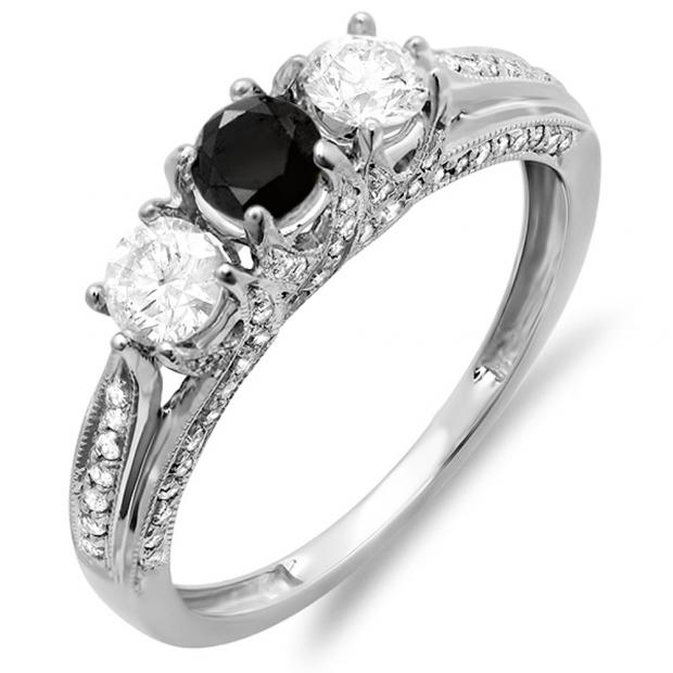 1.00 Carat (ctw) 14k White Gold Round White And Black Diamond Ladies Vintage Bridal 3 Stone Engagement Ring