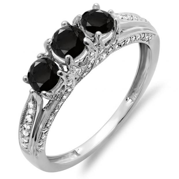 1.00 Carat (ctw) 10k White Gold Round White And Black Diamond Ladies Vintage Bridal 3 Stone Engagement Ring