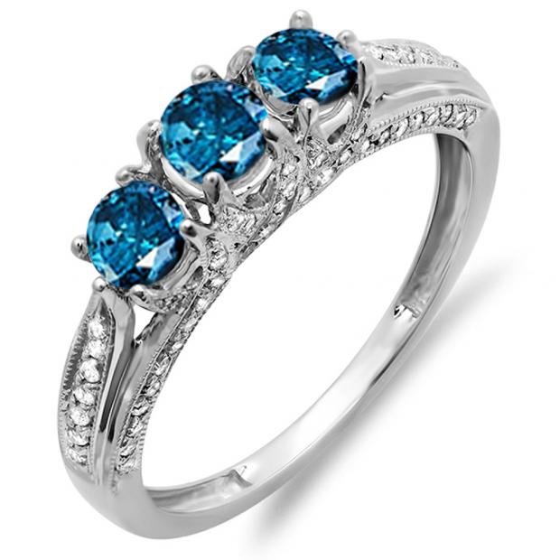 1.00 Carat (ctw) 14k White Gold Round White And Blue Diamond Ladies Vintage Bridal 3 Stone Engagement Ring