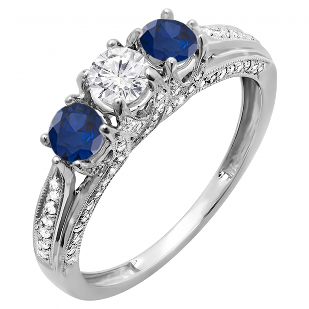 1.00 Carat (ctw) 14k White Gold Round White Diamond And Blue Sapphire Ladies Vintage Bridal 3 Stone Engagement Ring