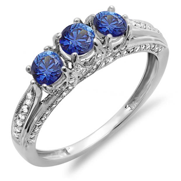 1.00 Carat (ctw) 14k White Gold Round White Diamond And Blue Sapphire Ladies Vintage Bridal 3 Stone Engagement Ring