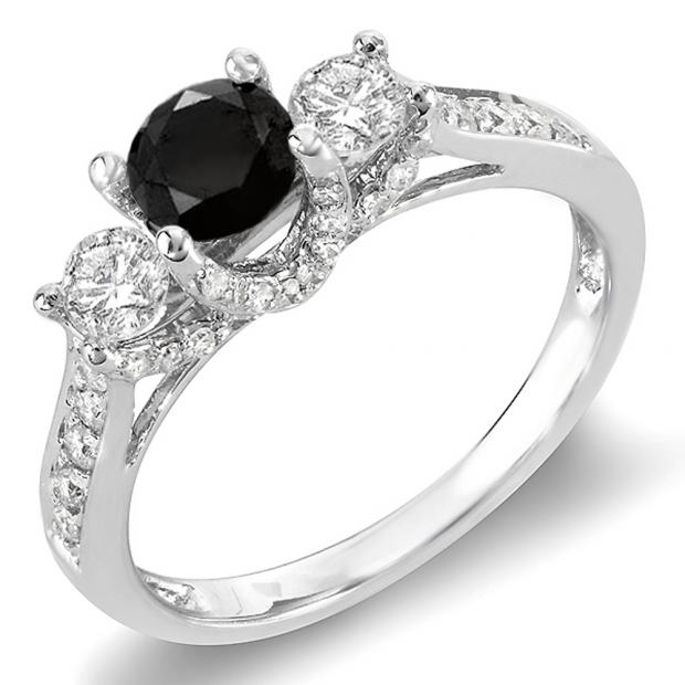 1.00 Carat (ctw) 14k White Gold Round White And Black Diamond 3 Stone Ladies Bridal Engagement Ring