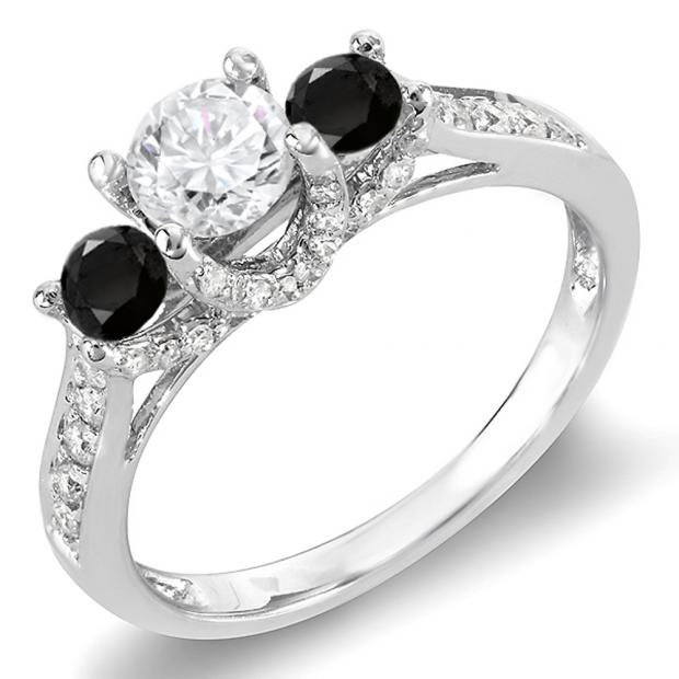 1.00 Carat (ctw) 10k White Gold Round White And Black Diamond 3 Stone Ladies Bridal Engagement Ring