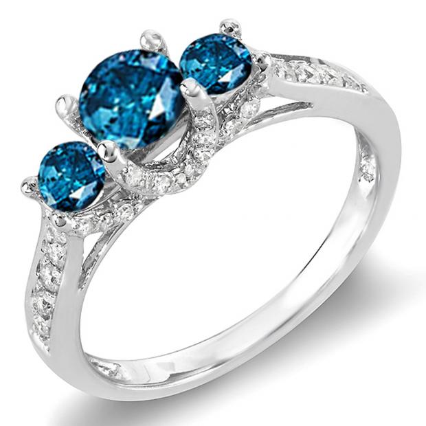 1.00 Carat (ctw) 14k White Gold Round White And Blue Diamond 3 Stone Ladies Bridal Engagement Ring