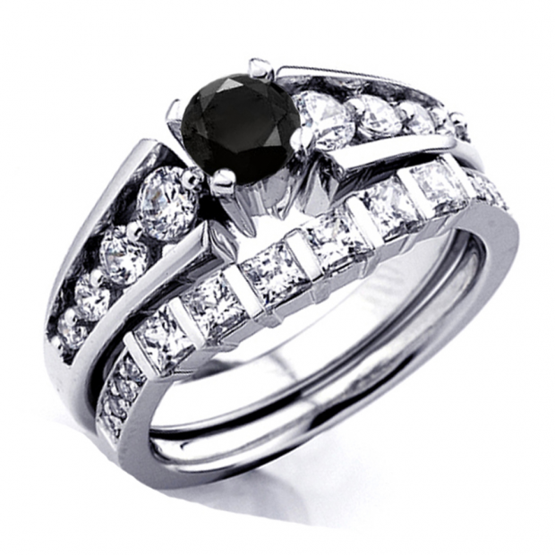 1.75 Carat (ctw) 10k White Gold Princess & Round White And Black Diamond Ladies Bridal Ring Set Engagement Set