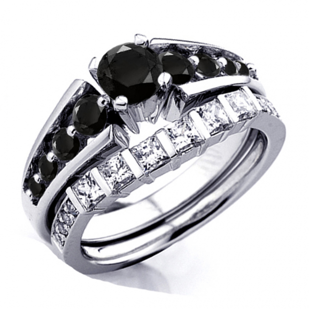 1.75 Carat (ctw) 14k White Gold Princess & Round White And Black Diamond Ladies Bridal Ring Set Engagement Set