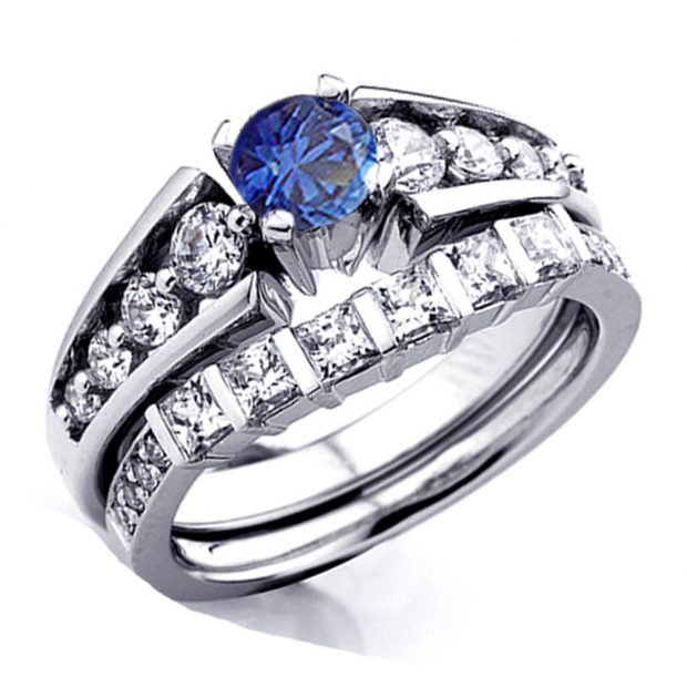 1.54 Carat (ctw) 10k White Gold Princess & Round White Diamond And Blue Sapphire Ladies Bridal Ring Set Engagement Set 1 1/2 CT