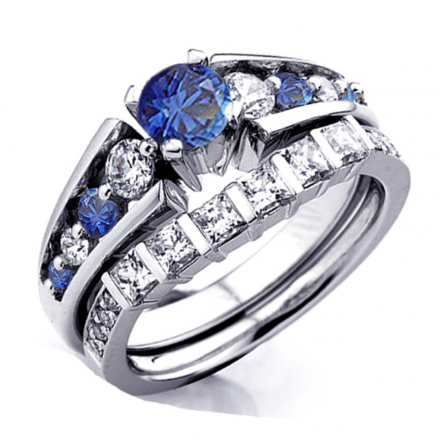 1.54 Carat (ctw) 14k White Gold Princess & Round White Diamond And Blue Sapphire Ladies Bridal Ring Set Engagement Set 1 1/2 CT