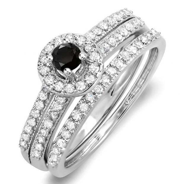 0.75 Carat (ctw) 10k White Gold Round Black & White Diamond Ladies Halo Bridal Engagement Ring Matching Band Set 3/4 CT