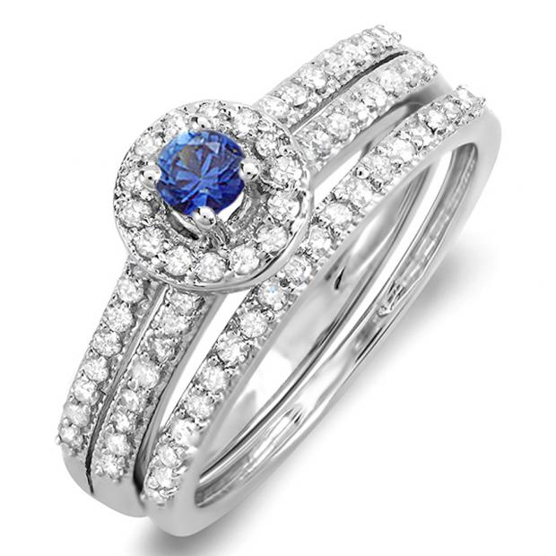 0.75 Carat (ctw) 10k White Gold Round Blue Sapphire & White Diamond Ladies Halo Bridal Engagement Ring Matching Band Set 3/4 CT