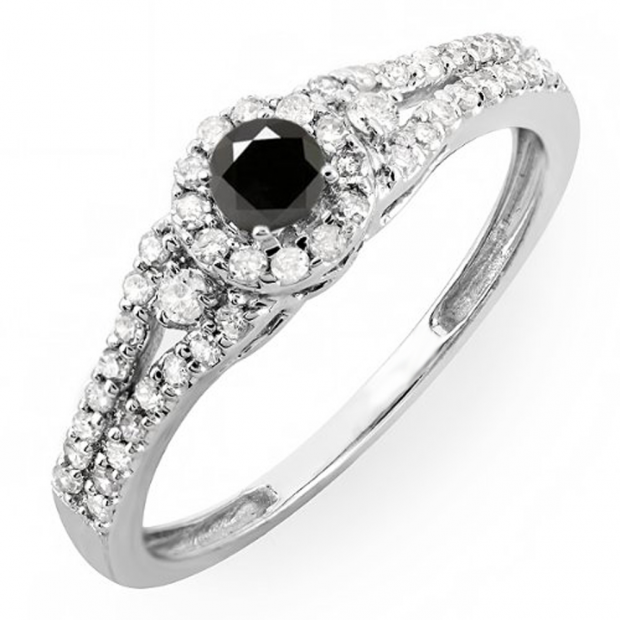 0.50 Carat (ctw) 14k White Gold Round Cut Black & White Diamond Ladies Engagement Halo Style Bridal Ring 1/2 CT
