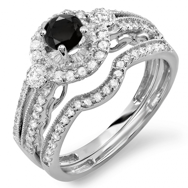 1.00 Carat (ctw) 10k White Gold Round Black & White Diamond Ladies Halo Bridal Engagement Ring Set Matching Band 0.40 CT Center included