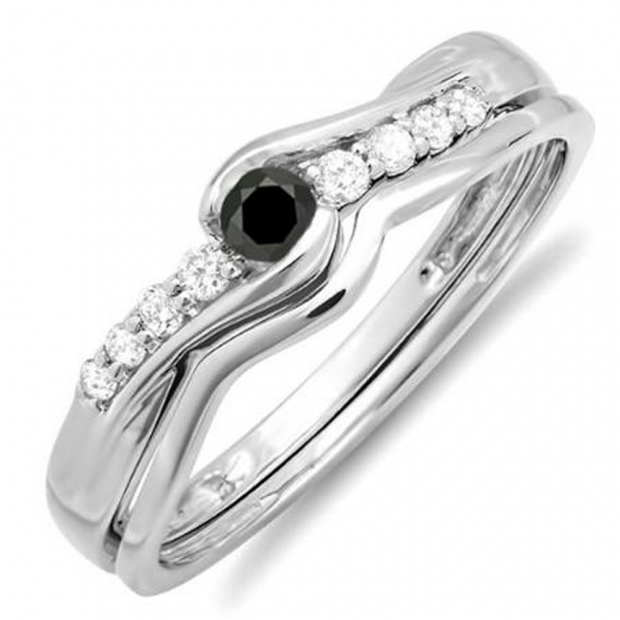 0.25 Carat (ctw) 14k White Gold Round Black & White Diamond Ladies Bridal Promise Engagement Wedding Set Ring with Matching Band 1/4 CT