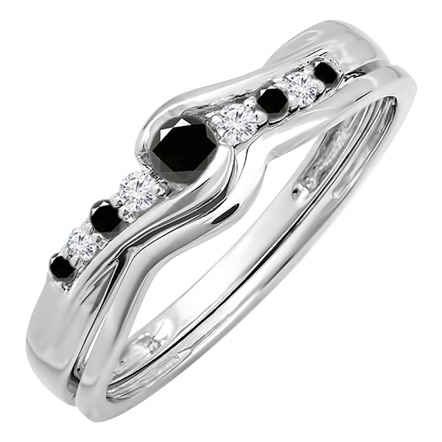 0.25 Carat (ctw) 10k White Gold Round Black & White Diamond Ladies Bridal Promise Engagement Wedding Set Ring with Matching Band 1/4 CT