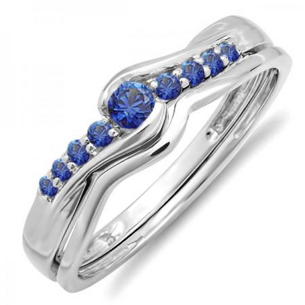 0.25 Carat (ctw) 10k White Gold Round Blue Sapphire Ladies Bridal Promise Engagement Wedding Set Ring with Matching Band 1/4 CT