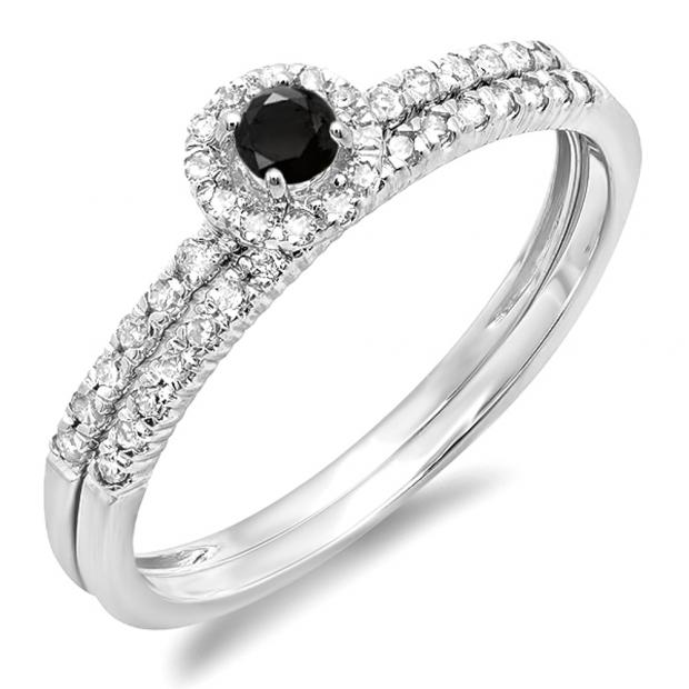 0.33 Carat (ctw) 14k White Gold Round Black And White Diamond Ladies Halo Style Bridal Engagement Ring Matching Band Set 1/3 CT
