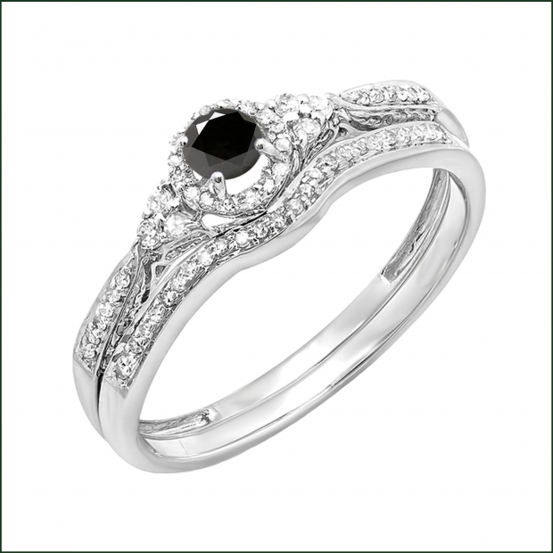 0.33 Carat (ctw) 10k White Gold Round Black And White Diamond Ladies Halo Style Bridal Engagement Ring Matching Band Set 1/3 CT