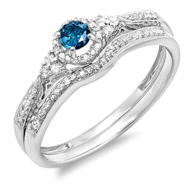 0.33 Carat (ctw) 10k White Gold Round Blue And White Diamond Ladies Halo Style Bridal Engagement Ring Matching Band Set 1/3 CT