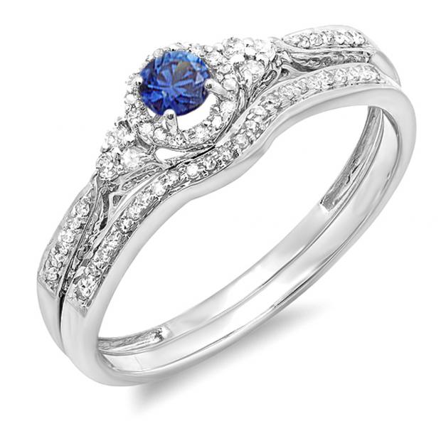 0.33 Carat (ctw) 10k White Gold Round Blue Sapphire And White Diamond Ladies Halo Style Bridal Engagement Ring Matching Band Set 1/3 CT