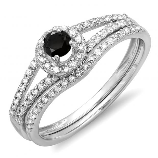 0.45 Carat (ctw) 10k White Gold Round Black And White Diamond Ladies Bridal Halo Style Engagement Ring With Wedding Band Set 1/2 CT