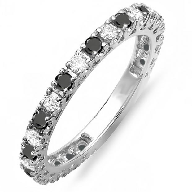 1.00 Carat (ctw) 10K White Gold Round White And Black Diamond Eternity Sizeable Stackable Ring Anniversary Wedding Band