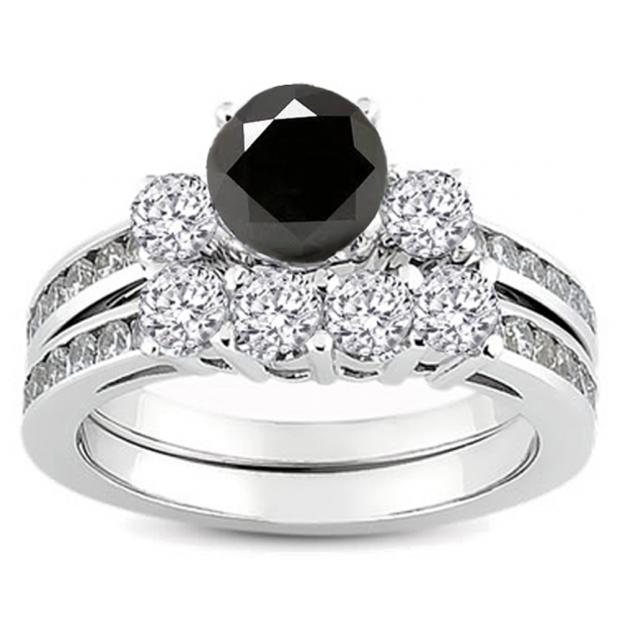 1.15 Carat (ctw) 10k White Gold Round Black & White Diamond Ladies Bridal Engagement Ring Matching Band Set