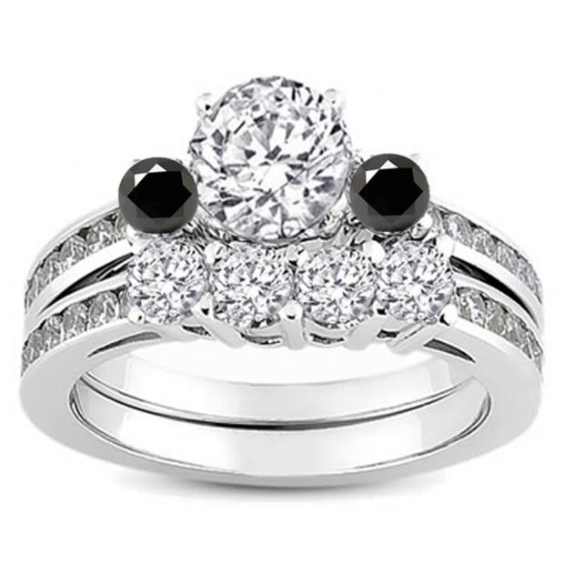 1.15 Carat (ctw) 14k White Gold Round Black & White Diamond Ladies Bridal Engagement Ring Matching Band Set