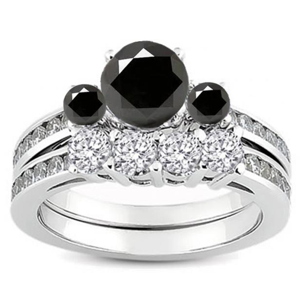 1.15 Carat (ctw) 10k White Gold Round Black & White Diamond Ladies Bridal Engagement Ring Matching Band Set