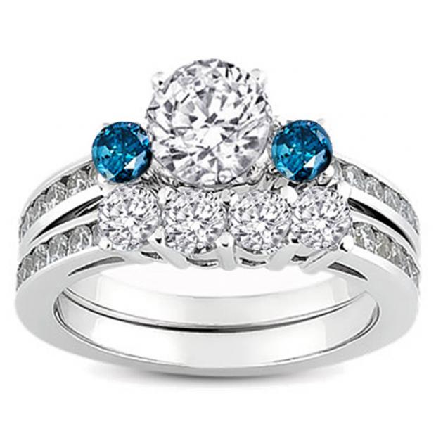 1.15 Carat (ctw) 10k White Gold Round Blue & White Diamond Ladies Bridal Engagement Ring Matching Band Set