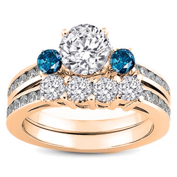 1.15 Carat (ctw) 14k White Gold Round Blue & White Diamond Ladies Bridal Engagement Ring Matching Band Set