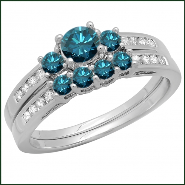1.15 Carat (ctw) 14k White Gold Round Blue & White Diamond Ladies Bridal Engagement Ring Matching Band Set