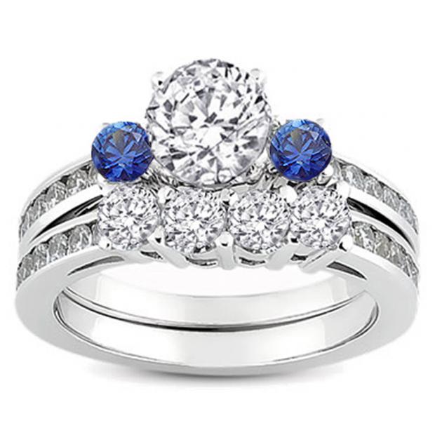 1.15 Carat (ctw) 10k White Gold Round Blue Sapphire & White Diamond Ladies Bridal Engagement Ring Matching Band Set