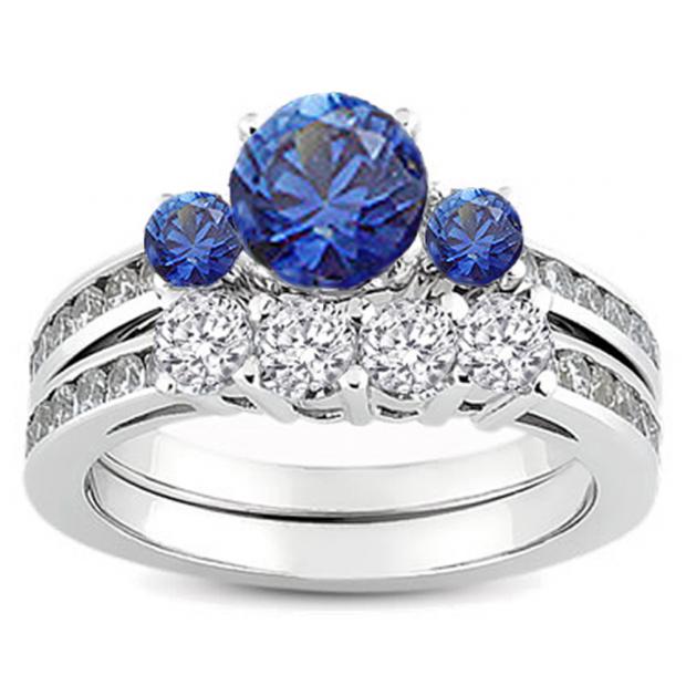 1.15 Carat (ctw) 14k White Gold Round Blue Sapphire & White Diamond Ladies Bridal Engagement Ring Matching Band Set