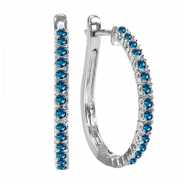 0.50 Carat (ctw) 10k White Gold Round Blue Diamond Ladies Hoop Earrings 1/2 CT