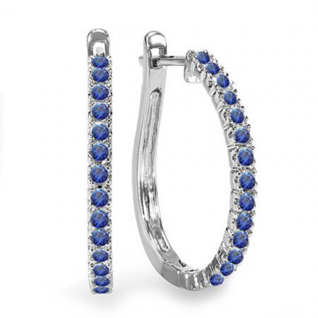 0.50 Carat (ctw) 10k White Gold Round Blue Sapphire Ladies Hoop Earrings 1/2 CT