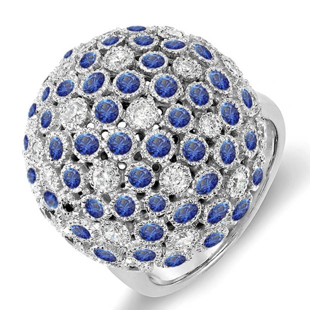 3.25 Carat (ctw) 14k White Gold Round Blue Sapphire & White Diamond Ladies Cocktail Fireball Right Hand Ring