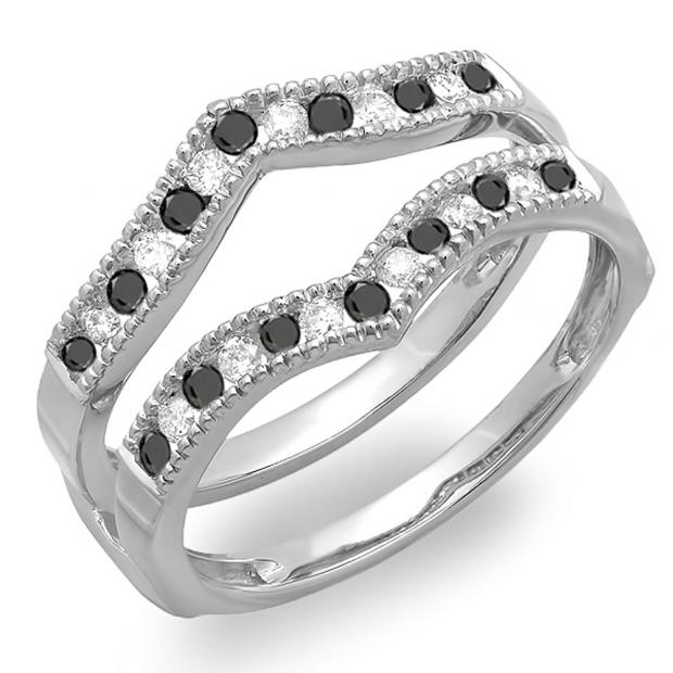 0.45 Carat (ctw) 14k White Gold Round White & Black Diamond Ladies Milgrain Anniversary Wedding Band Guard Double Ring 1/2 CT