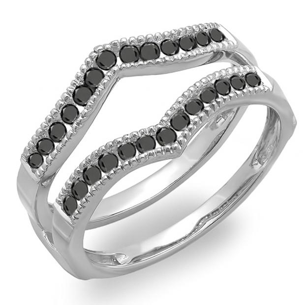 0.60 Carat (ctw) 14k White Gold Round Black Diamond Ladies Milgrain Anniversary Wedding Band Guard Double Ring