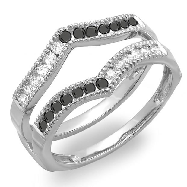0.45 Carat (ctw) 14k White Gold Round White & Black Diamond Ladies Milgrain Anniversary Wedding Band Guard Double Ring 1/2 CT