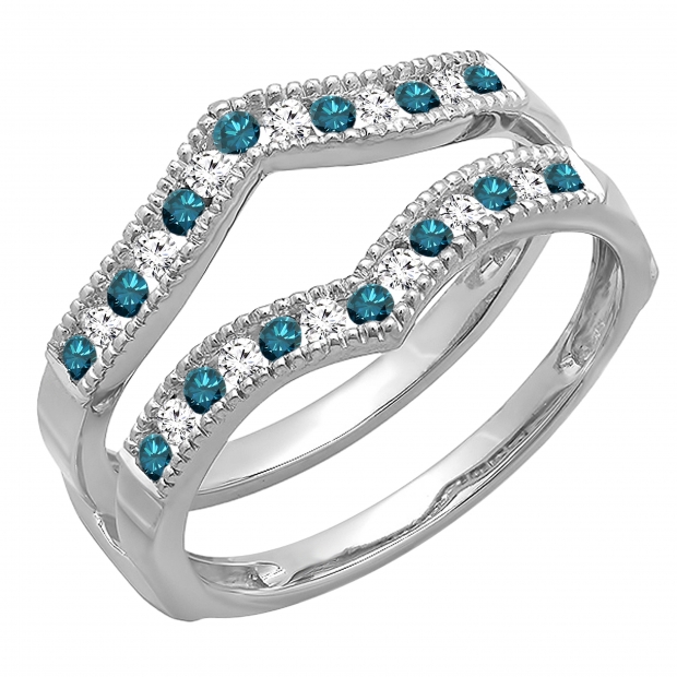 0.45 Carat (ctw) 14k White Gold Round White & Blue Diamond Ladies Milgrain Anniversary Wedding Band Guard Double Ring 1/2 CT