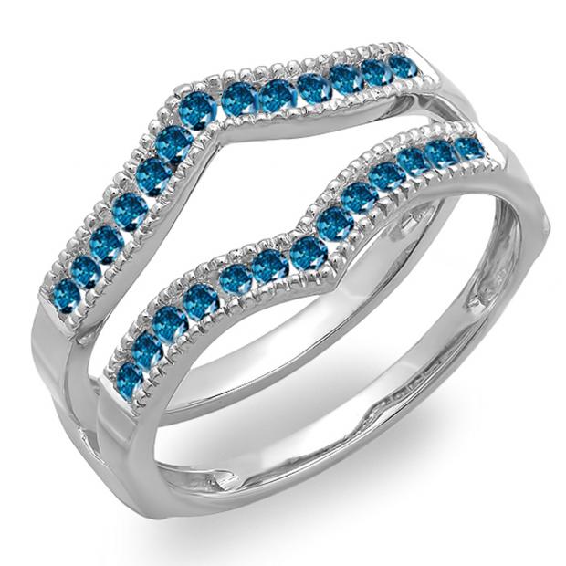 0.45 Carat (ctw) 14k White Gold Round Blue Diamond Ladies Milgrain Anniversary Wedding Band Guard Double Ring 1/2 CT