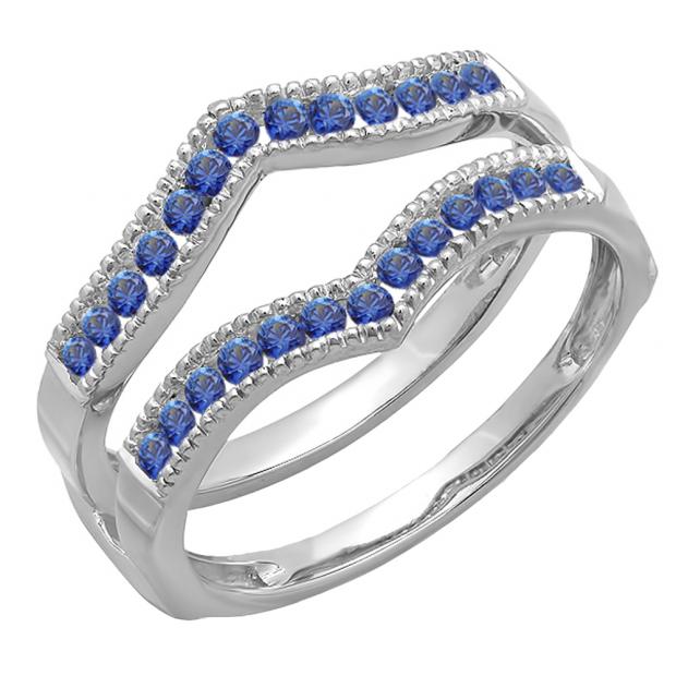 0.45 Carat (ctw) 10k White Gold Round Blue Sapphire Ladies Milgrain Anniversary Wedding Band Guard Double Ring 1/2 CT