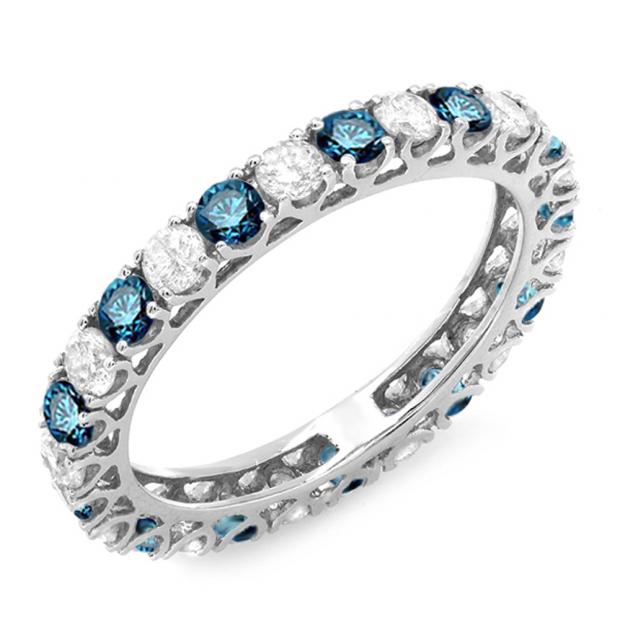 1.50 Carat (ctw) 10K White Gold Round White & Blue Diamond Ladies Eternity Wedding Anniversary Stackable Ring Band 1 1/2 CT