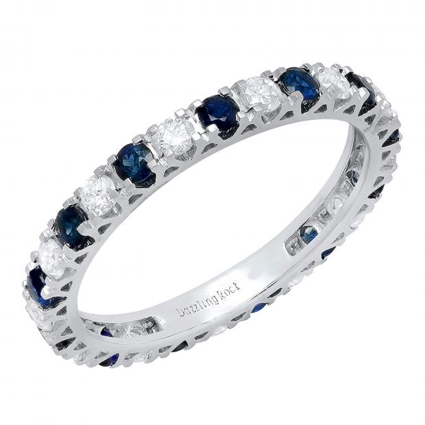 1.50 Carat (ctw) 14K White Gold Round White Diamond & Blue Sapphire Ladies Eternity Wedding Anniversary Stackable Ring Band 1 1/2 CT