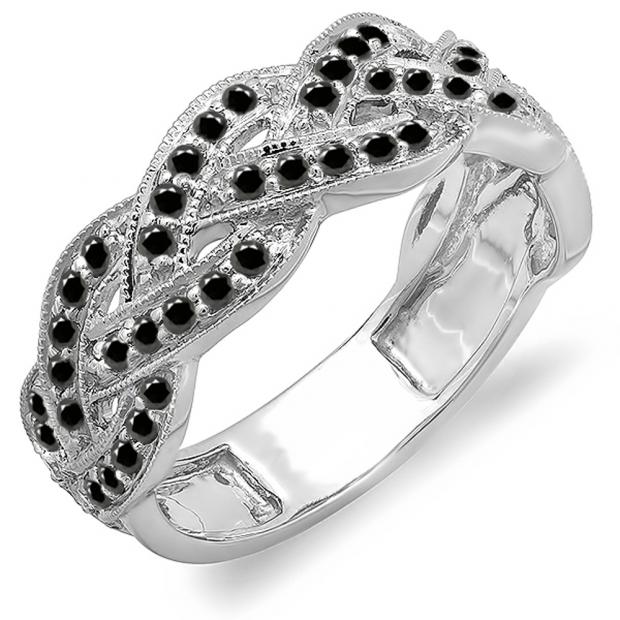 0.58 Carat (ctw) 14k White Gold Round Black Diamond Ladies Anniversary Wedding Matching Band Stackable Swirl Ring 1/2 CT
