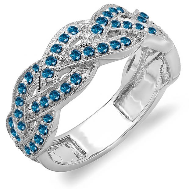 0.58 Carat (ctw) 14k White Gold Round Blue Diamond Ladies Anniversary Wedding Matching Band Stackable Swirl Ring 1/2 CT