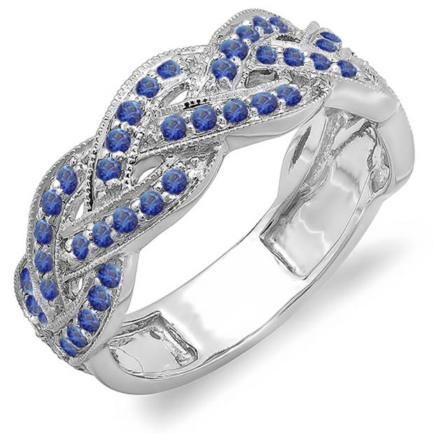 0.58 Carat (ctw) 10k White Gold Round Blue Sapphire Ladies Anniversary Wedding Matching Band Stackable Swirl Ring 1/2 CT