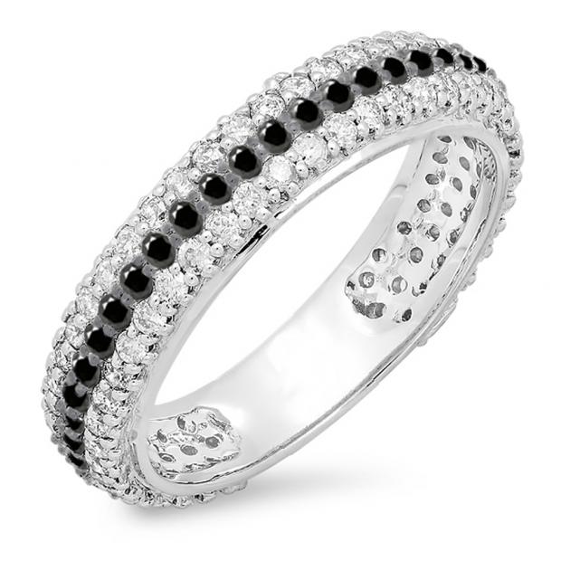 1.30 Carat (ctw) 10K White Gold Round White & Black Diamond Ladies Pave Set Anniversary Wedding Eternity Ring Band 1 1/3 CT