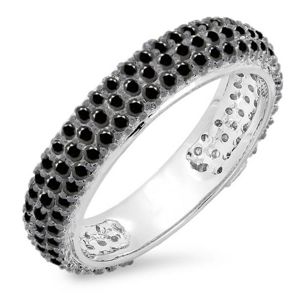 1.30 Carat (ctw) 10K White Gold Round Black Diamond Ladies Pave Set Anniversary Wedding Eternity Ring Band 1 1/3 CT