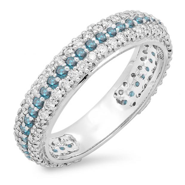 1.30 Carat (ctw) 14K White Gold Round White & Blue Diamond Ladies Pave Set Anniversary Wedding Eternity Ring Band 1 1/3 CT